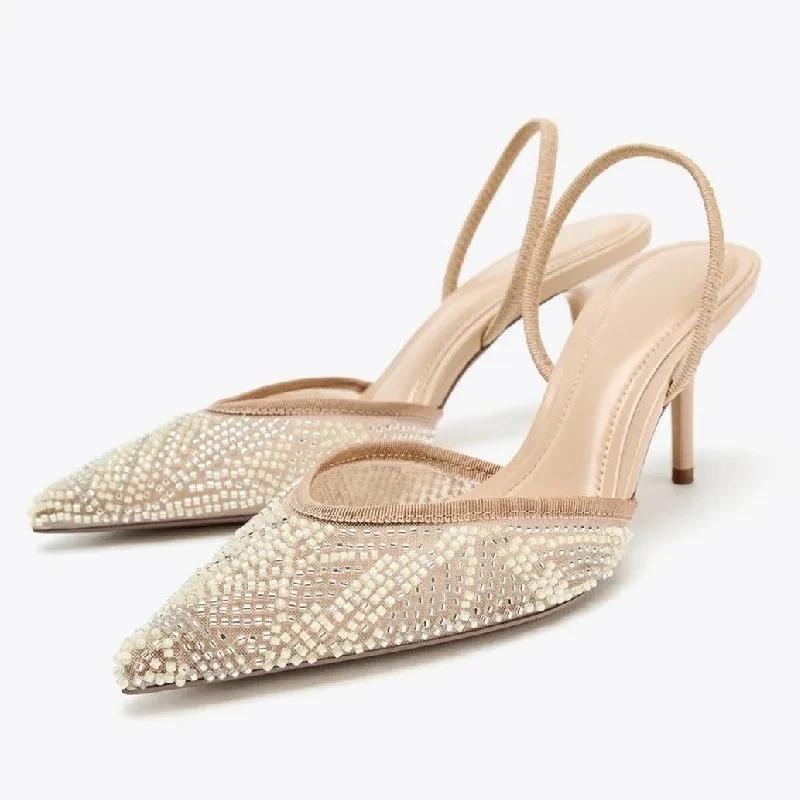 

Fashion Bling Upper Design Women Pumps Sexy Pointed Toe Slingback Heeled Sandals Stretch Back Strap Stiletto Heels for Ladies Tacones 42 бежевый