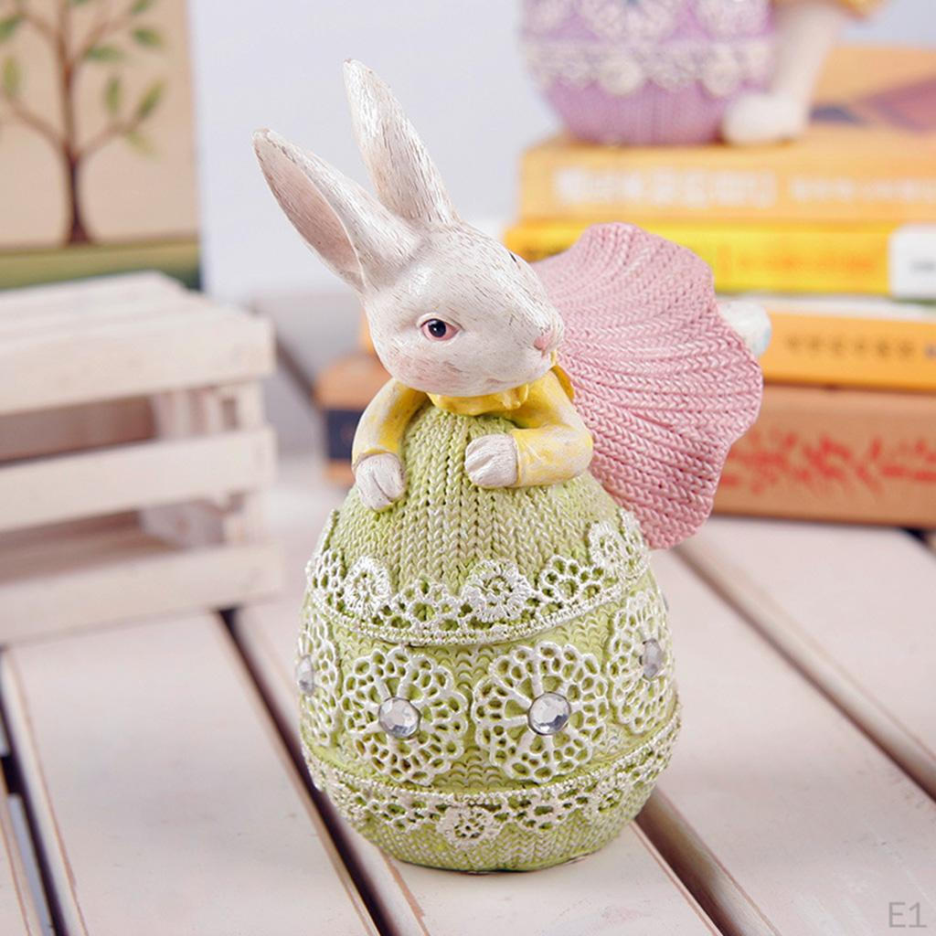 Cute Easter Bunny Statue with Egg Sculpture Resin Figurine Crafts Home Table