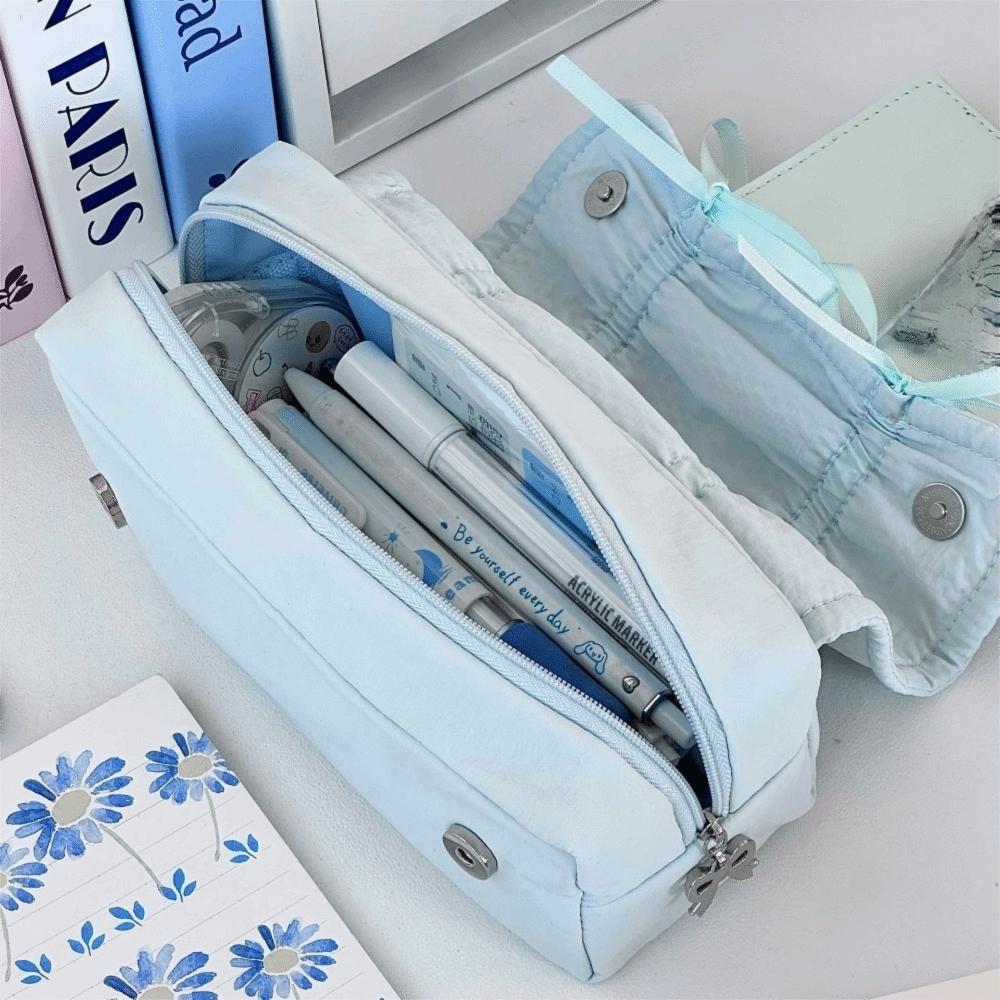 INS Bow Drawstring Pen Bag Large Capacity Stationery Storage Bag Solid Color Pencil Case  Gift