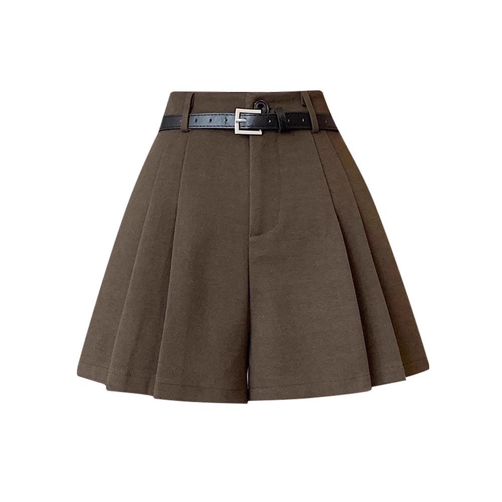 Women's 2024 High-Waist Khaki Woolen Pleated A-Line Shorts for Autumn/Winter