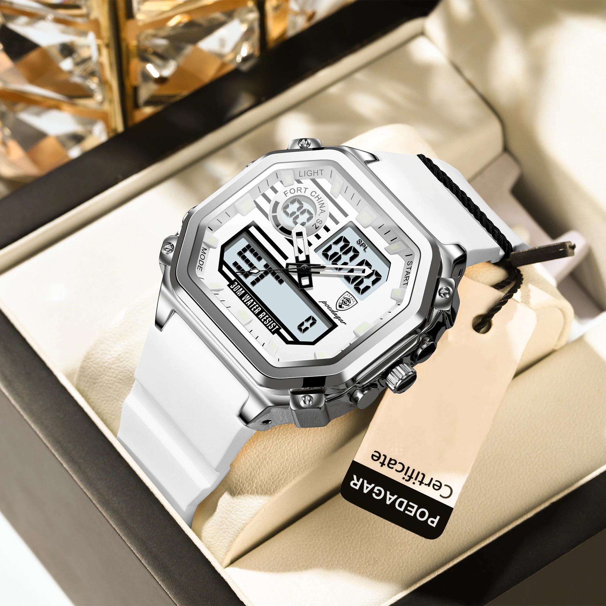 

POEDAGAR Sports LED Men Watch Waterproof Luminous Week Date Square Wristwatch Silicone Strap Electronic Quartz Watches срібний/білий