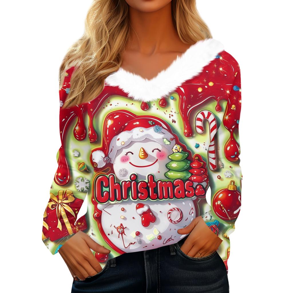 Women's Christmas Printed Long Sleeved Party Plush Neck V-neck Top