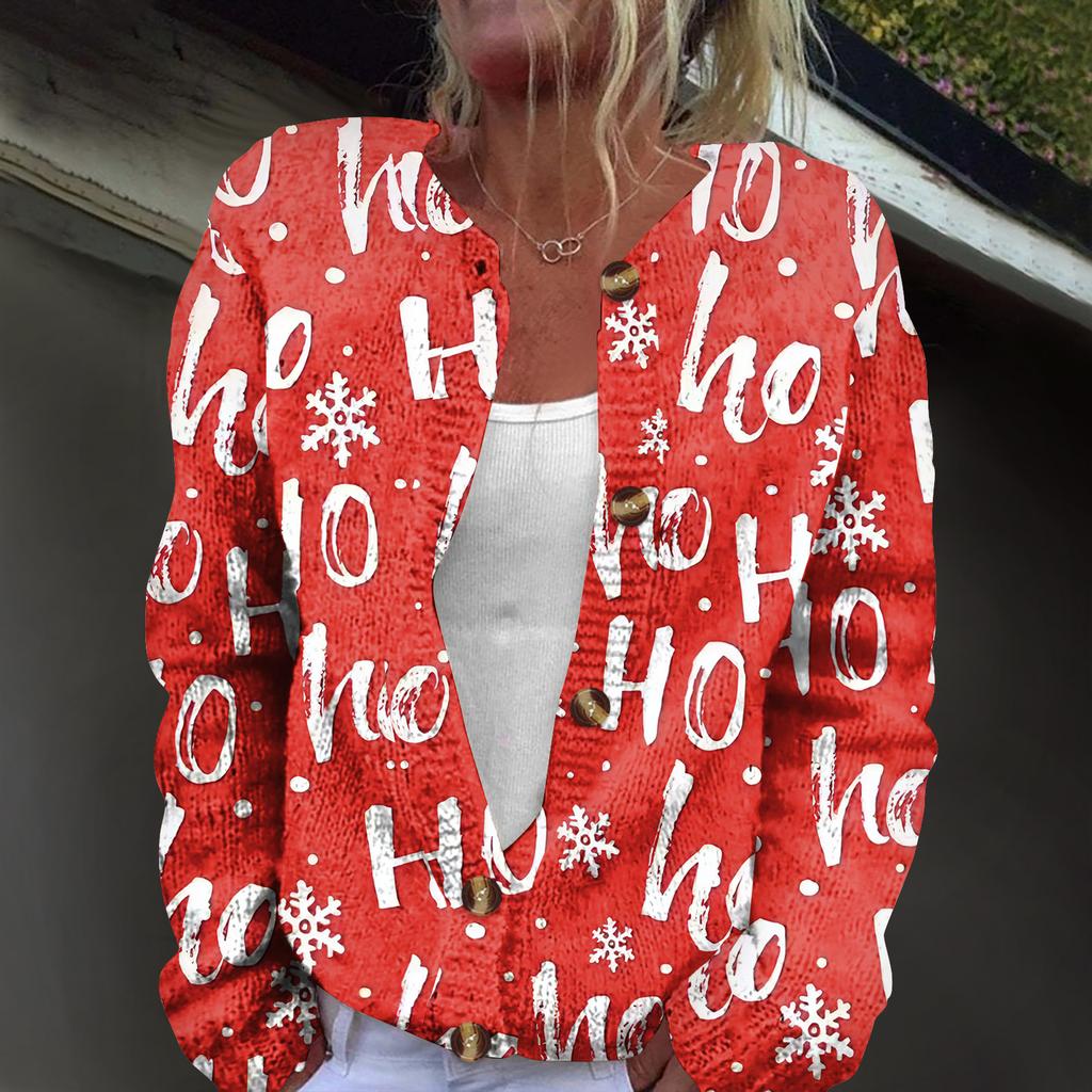 Women's Fashion Christmas Print Long Sleeve Knitted Cardigan Button Jacket