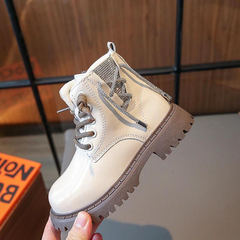 Mädchen dünne Pelzschuhe Mädchen Reißverschluss Stiefeletten Lackleder Martin Boot Kinder schnüren 2023 Kinder Winter rutschfeste Schuh