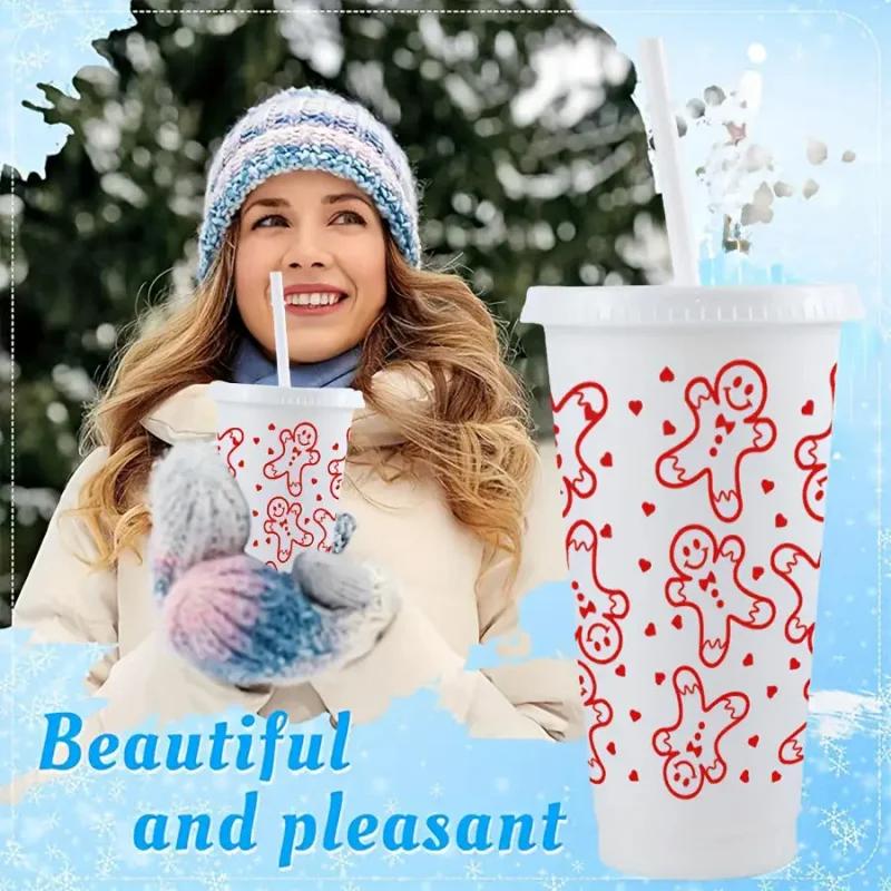 New Christmas Plastic Cup 710ML PP Straw Cup With Lid Reusable 24OZ Water Bottle Juice Iced Coffee Milk Cups for Santa Parties