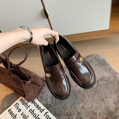Studiolee New Leather Versatile Round Head Gold Buckle One Pedal Thick Heel Loafer Small Leather Shoes Women's Autumn