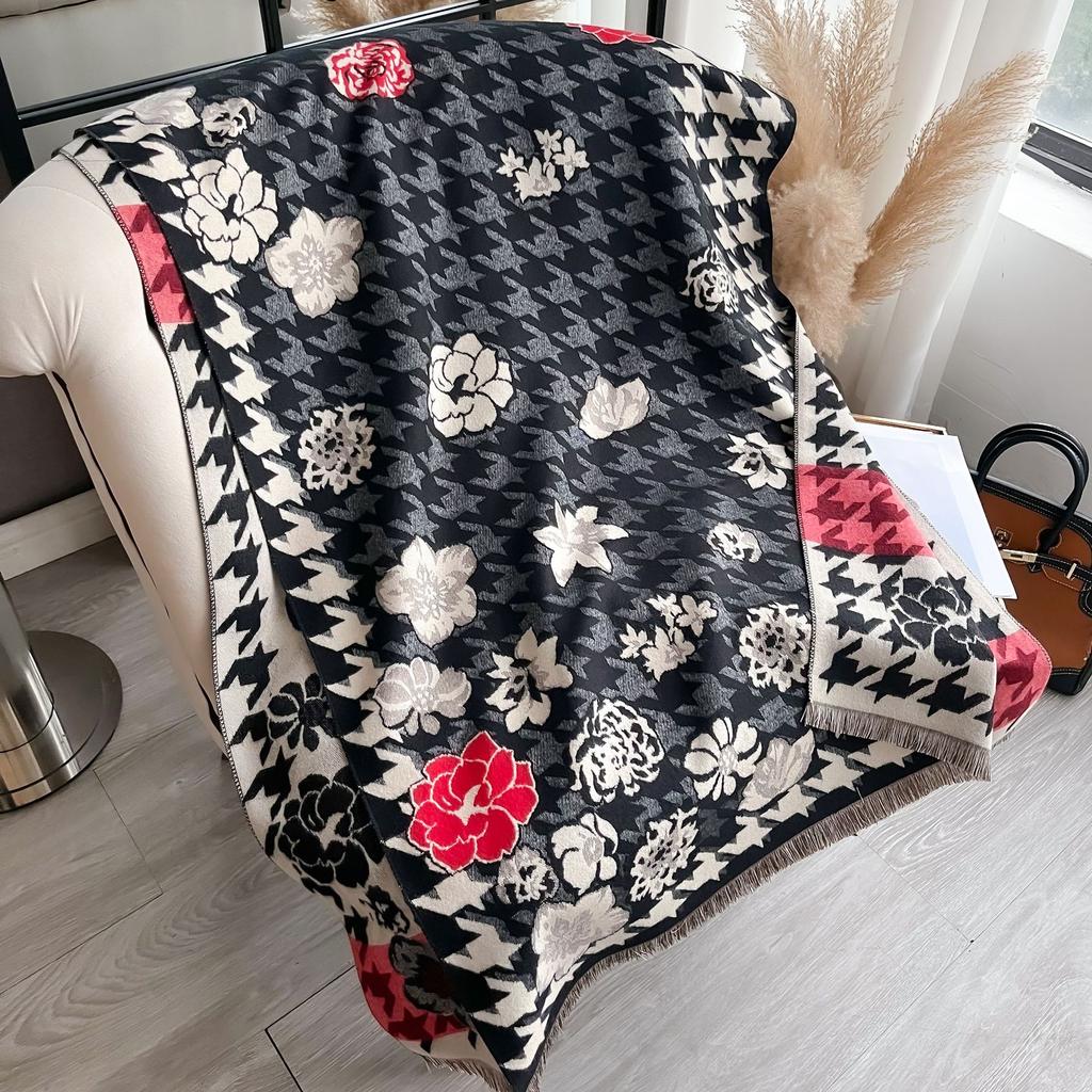 Thousands Of Bird Grids, Plants, Flowers, Camellias, Fashionable And Versatile, Confident And Elegant Imitation Cashmere Thermal Scarf