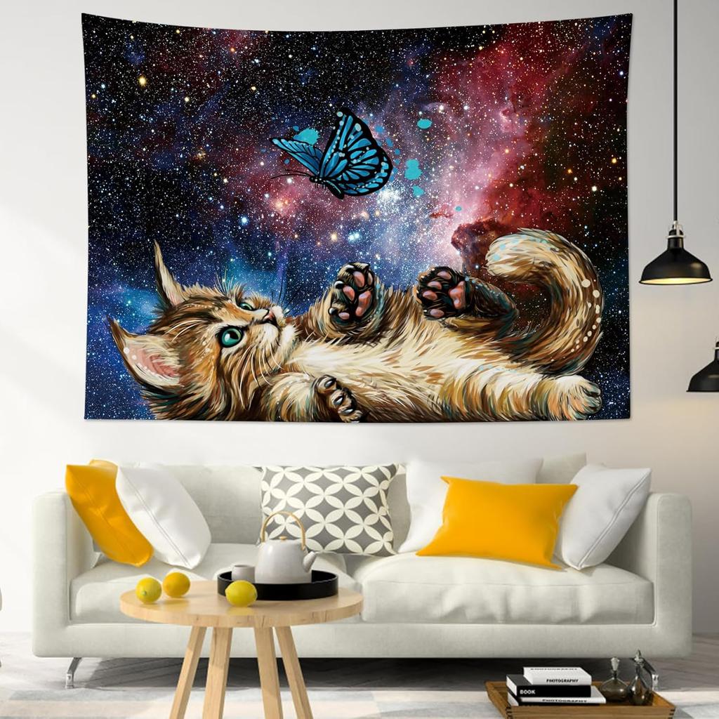 LB Cat Butterfly Tapestry, Cool Funny Cat with Butterfly Wall Tapestry for girls, Fantasy Galaxy Wall Art for Bedroom Living Room Dorm Home Decor, 60