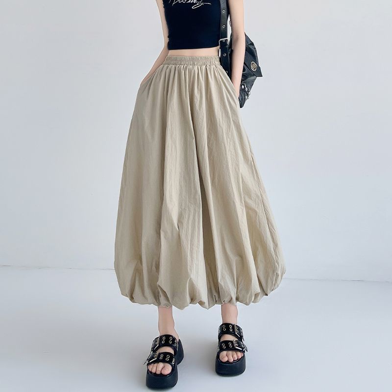 

Женская летняя хаки юбка миди в американском стиле - Эластичная талия, юбка-лепесток, юбка-фонарик - Повседневная спортивная А-силуэта, юбка-зонт 2XL