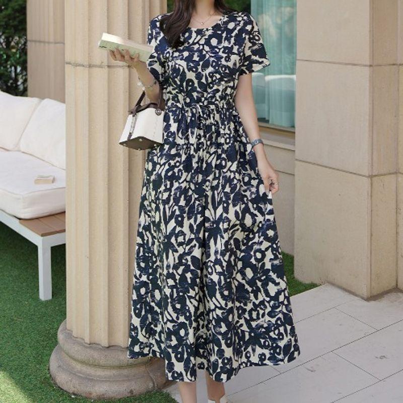 

Korean Style Plus size women clothing Hong Kong Style Fashion Commuter Ol round Neck Print Lace-up Waist Hugging Mid-Length Short sleeve Dress Fashion Dark Blue(Figure) 3XL