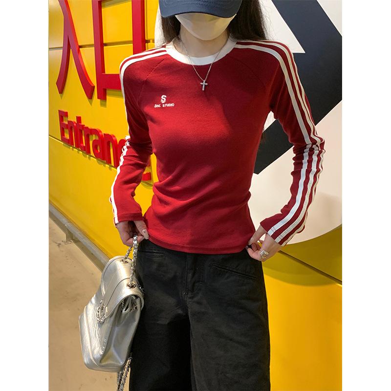 Burgundy Bar Design Bottoming Shirt Women's Spring Slim and Thin Spice Girl Embroidered Long-sleeved T-shirt Top