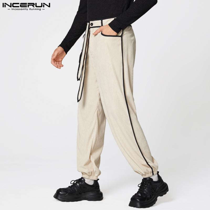 INCERUN Autumn Men Casual Zip-up Waist Stitching Lace-up Corduroy Long Harem Pants Trousers 