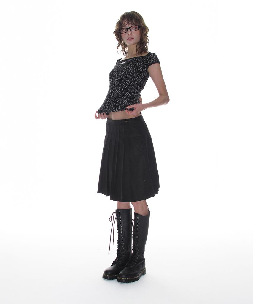 Crank Paired Pleated Midi Skirt_Black