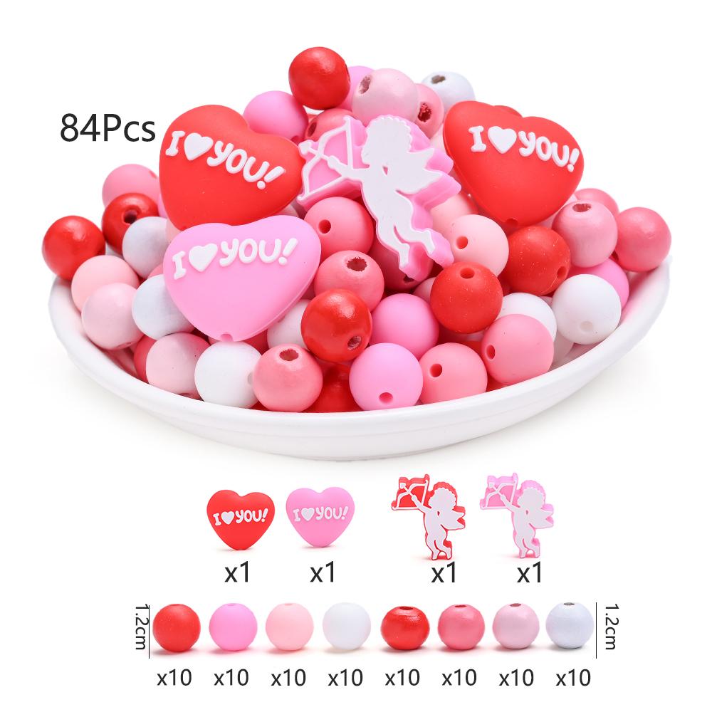 

84Pcs Food Grade Cartoon Love Round Baby Teether Silicone Bead Pacifier Clip Chain Loose Bead for Diy Jewelry Making