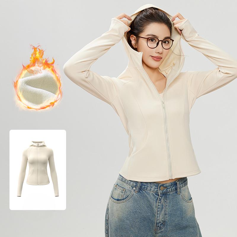 Autumn and Winter Plus Velvet Sports Jacket, Warm, Slim Waist, Women's Fitness, Hooded, Thickened Yoga Clothes