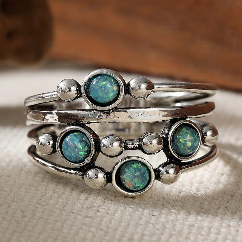 Vintage Inlaid Imitation Blue Opal Women's Ring Ethnic CopperColor Geometry Daily Wear Party Jewelry Anniversary Gift