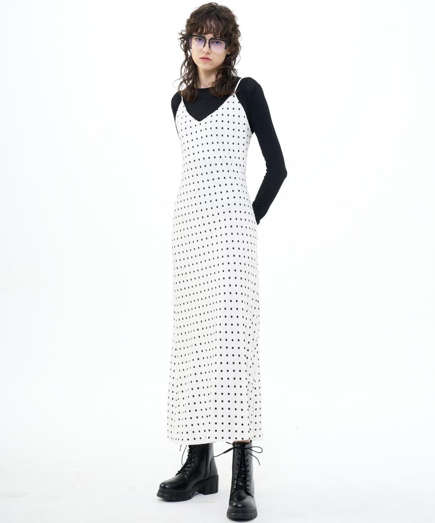 Bikwaieos Maxi Satin Slip Dress Dot_Ivory Black