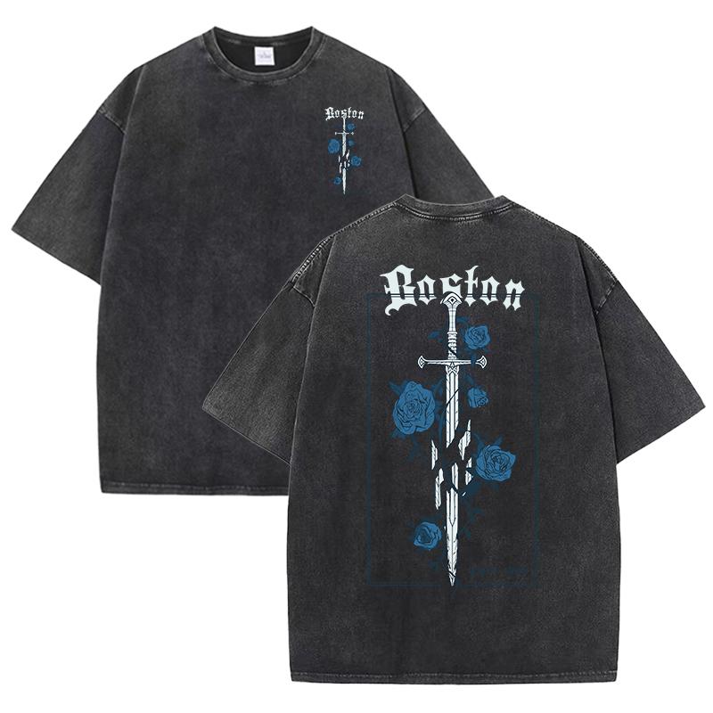 Rose And Sword Printed Washed neutral wear summer multi-color round-neck T-shirts, pure cotton clothing for both Women