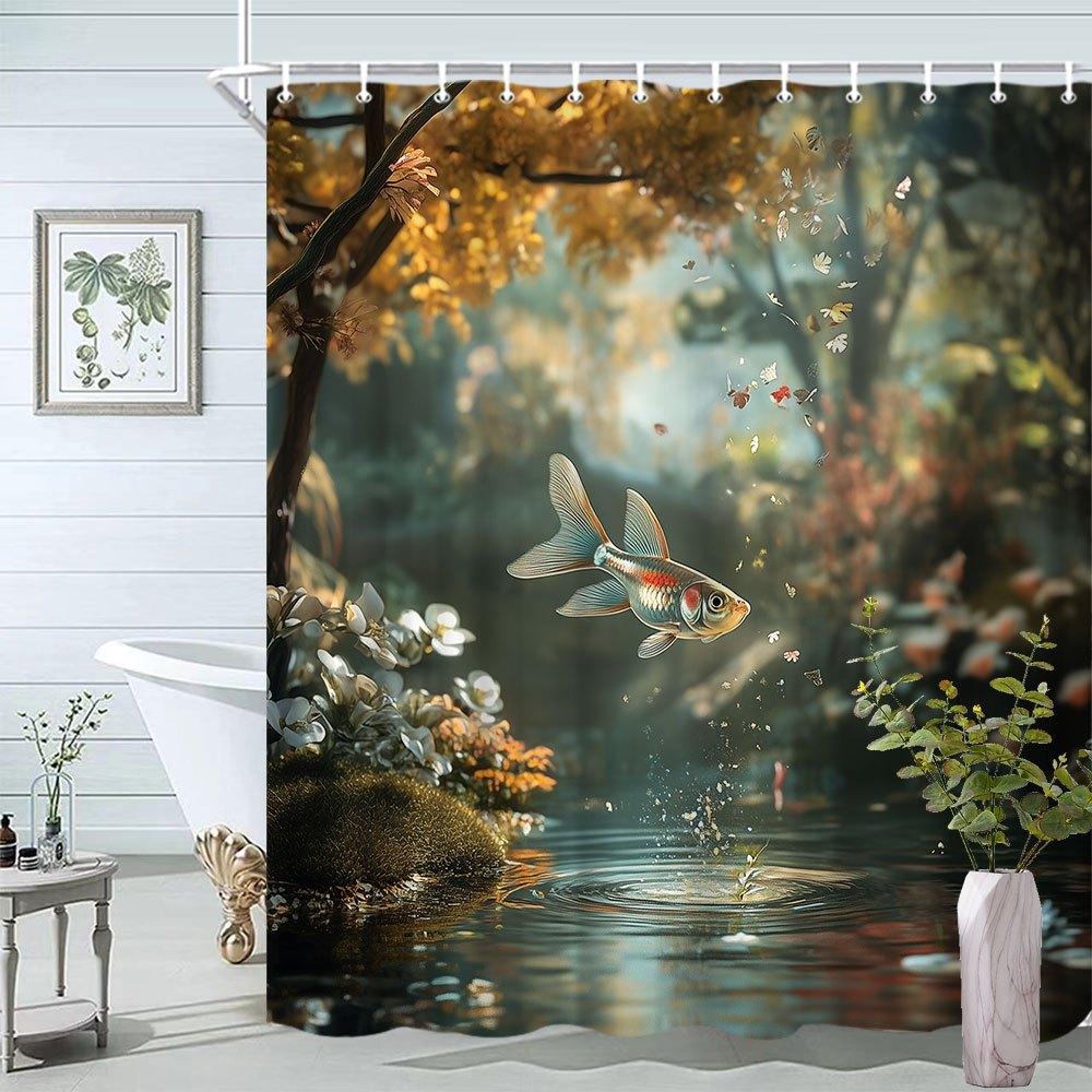 

Autumn Scenery Koi Pond Shower Curtain - Goldfish & Falling Leaves Design, Polyester Fabric, Bathroom Decor, Includes 12 Hooks W60H190(CM)-1 Pcs
