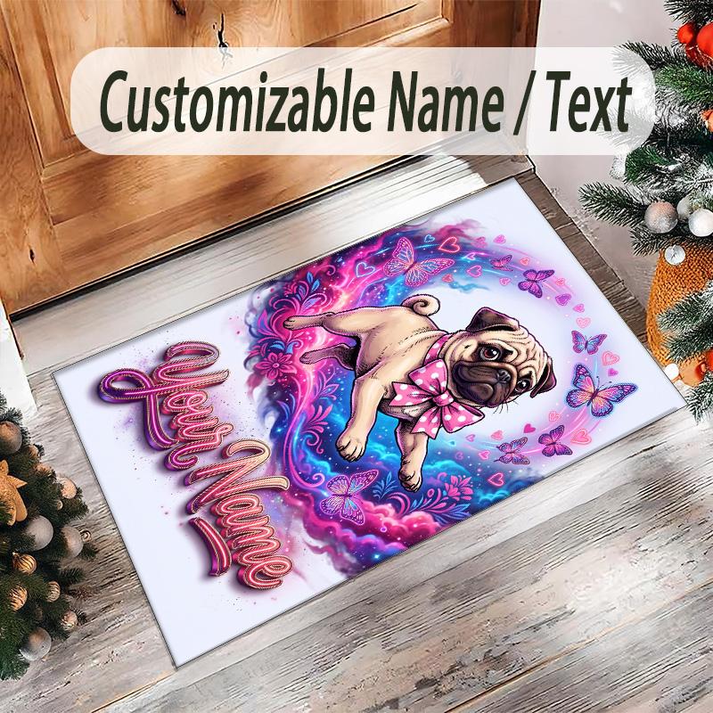 Pug Theme Crystal Velvet Floor Rug Personalized Custom Name Text Warm Carpet Home Decoration