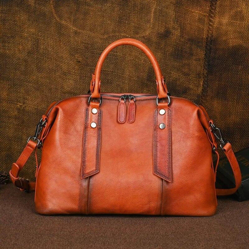 Johnature Vintage Genuine Leather Handbag High Capacity Casual Tote Solid Color Versatile Women's Shoulder Bag