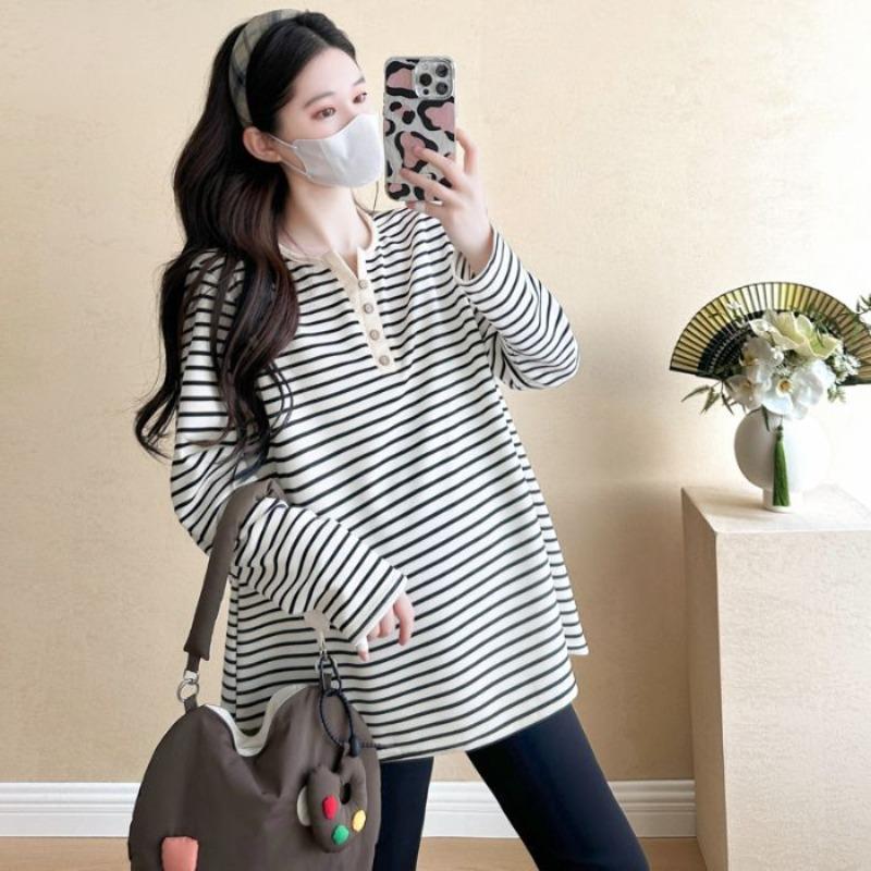 

Maternity shirt women s spring and autumn new loose large size long sleeve collar striped age reduction casual pregnant women on clothes M чёрный