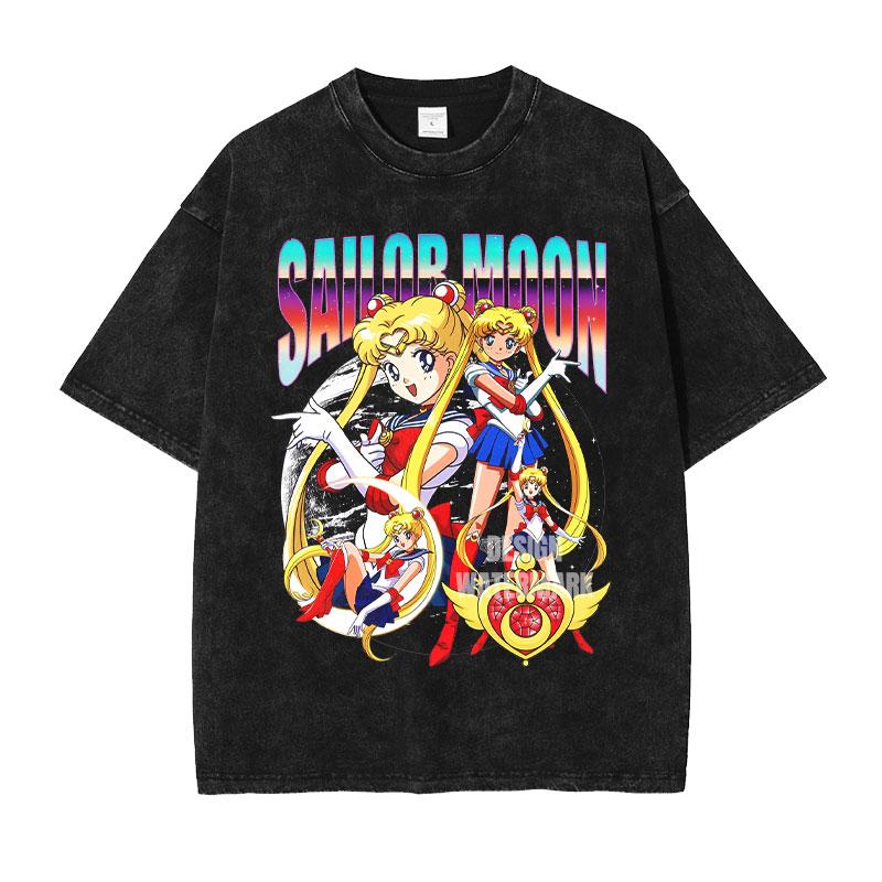 Tsukino Usagi T Shirts Vintage Washed Anime SSailor MMoon Oversized Tshirts Manga Chibiusa Short Sleeve Girl Tops Tees Women