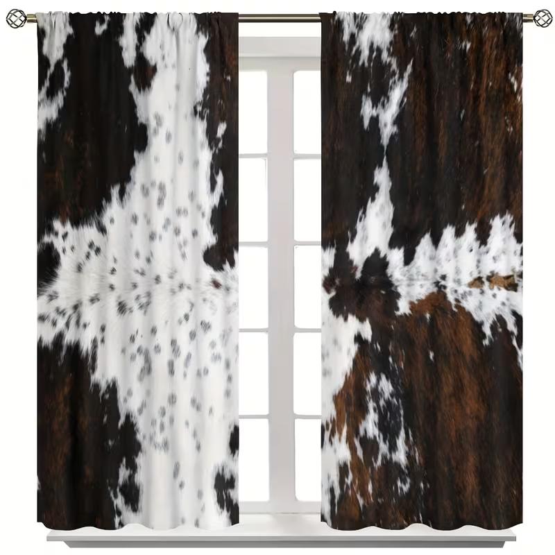2pcs Cowhide Patterned Curtains, Design for Living Room Bedroom Home Window Decoration, Rod Pocket Curtains