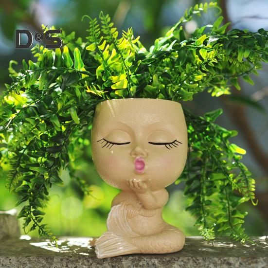 Face Planter Pot with Drainage Hole Resin Kissing Women Head Figurine Flowerpot Indoor Outdoor Plants Container Home Balcony Garden Decoration