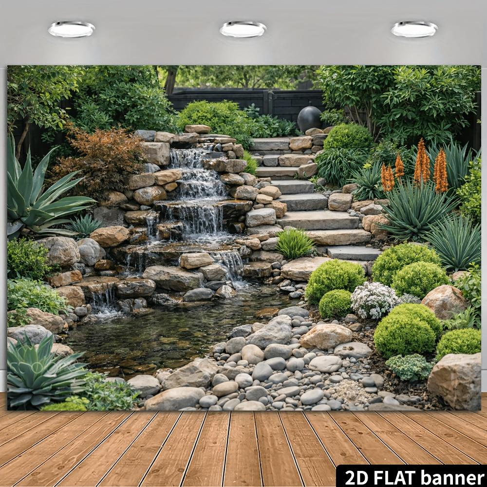 2D planar courtyard stone steps, cascading waterfalls and waterfall background fabric - landscape theme 47.2x31.5inch/120*80cm