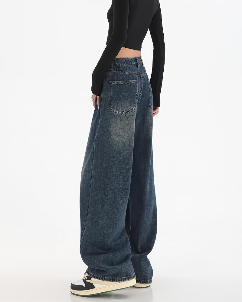 LUJPOIR Denim Straight Perfekt für Unterwegs und den Alltag Damen Wide-Leg Jeans, Passform, Lässig, Streetwear, Figurschmeichelnd, Ausgehen, Pendeln, - Blau-L