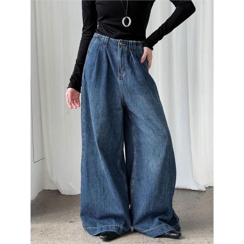 Johnature Retro Casual Washed Jeans Women Autumn Wide-leg Floor-length Pants