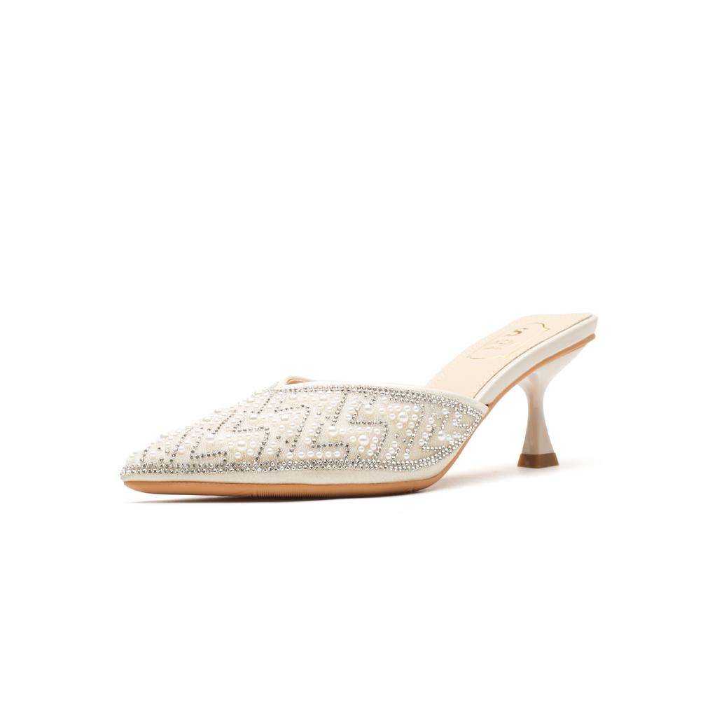 Fashion Internet celebrity pearl rhinestone toe cap half slipper women's summer slim heel sandals pointed high heels