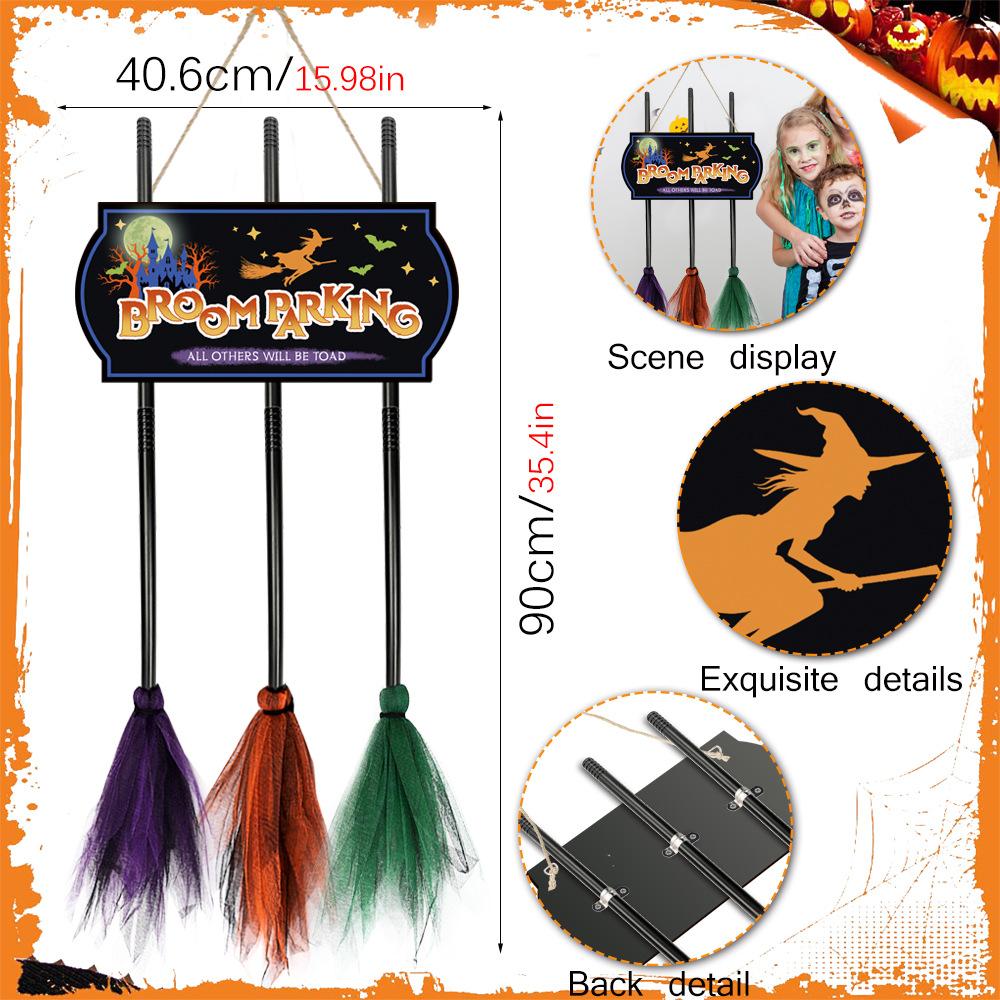 Halloween Decoration Broom Sign 3 Witches Brooms for Front Porch Wall Home Office Indoor Outdoor Wall Halloween Decoration