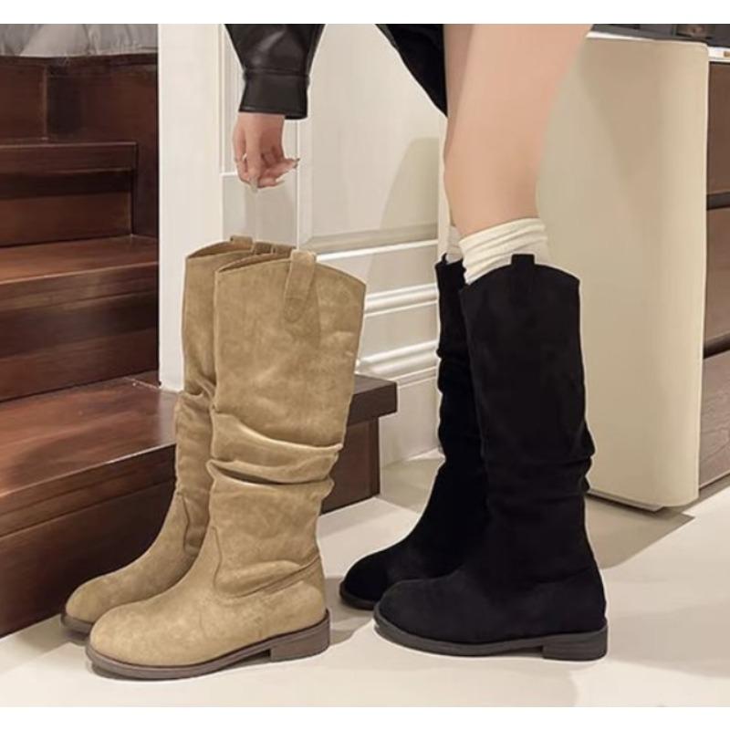 New Brown Knee High Suede Boots Women Round Toe Low Heel Over The Knee Boots Slouchy Ruched Knee High Boots Wide Calf