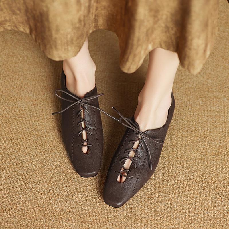 Fashion NEW Spring/Autumn Women Loafers Square Toe Low Heel Shoes Genuine Leather Shoes for Women Lace-up Women Pumps Handmade Shoes