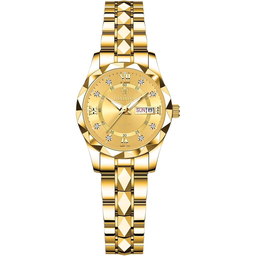 Women s Waterproof Luminous Wristwatch Gold Dial Stainless Steel Case Calendar Function