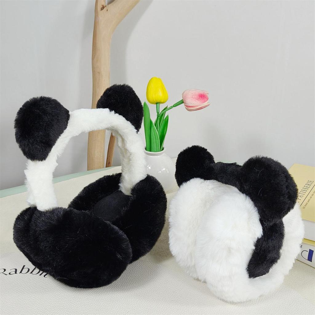 Black & White Cute Bear Earmuffs: Foldable, Plush, Anti-freeze Ear Warmers for Men & Women