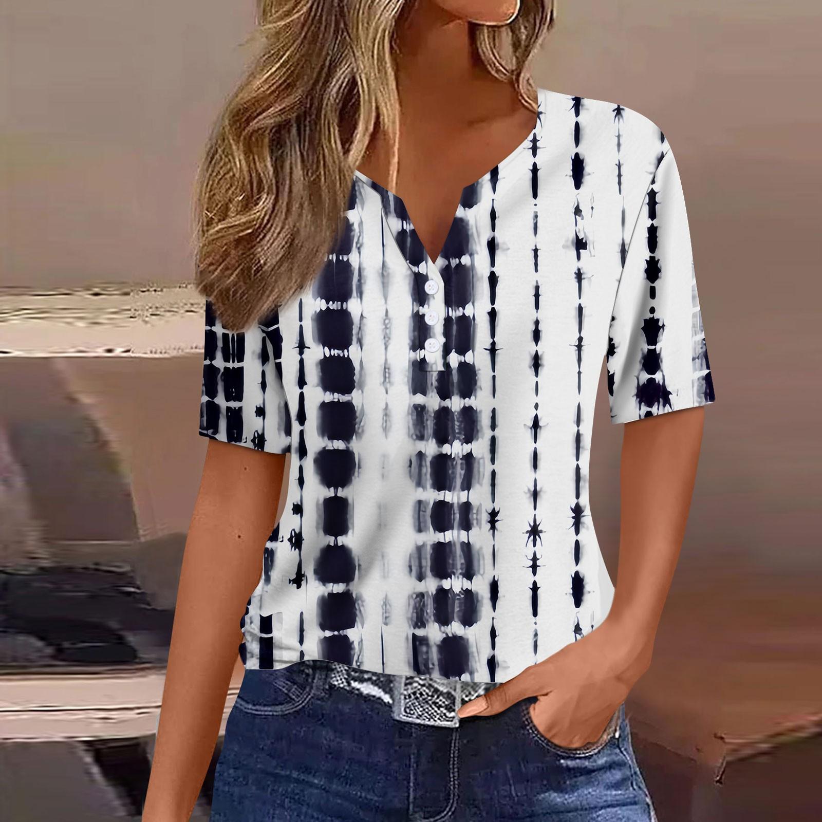 

Женская модная повседневная футболка в полоску с принтом тай-дай и v-образным вырезом, топ на пуговицах с короткими рукавами M чёрный