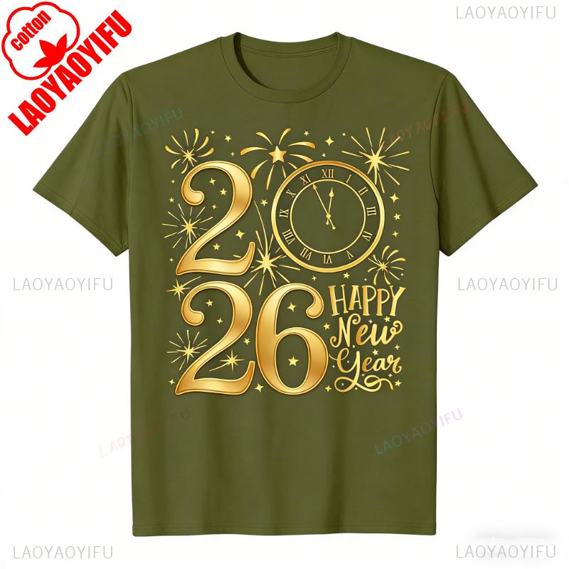 Happy New Year Party 2026 Family Matching Unisex Printed TShirt Tops High Quality Cotton Crewneck Casual Style Shortsleev