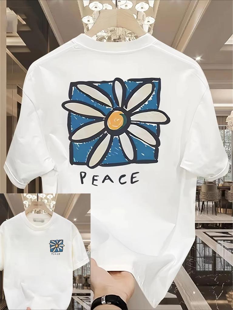2026 Unisexs Loose Tshirt With Handdrawn Daisies And Peace Flowers Pattern Shortsleeved Unisex Tshirt