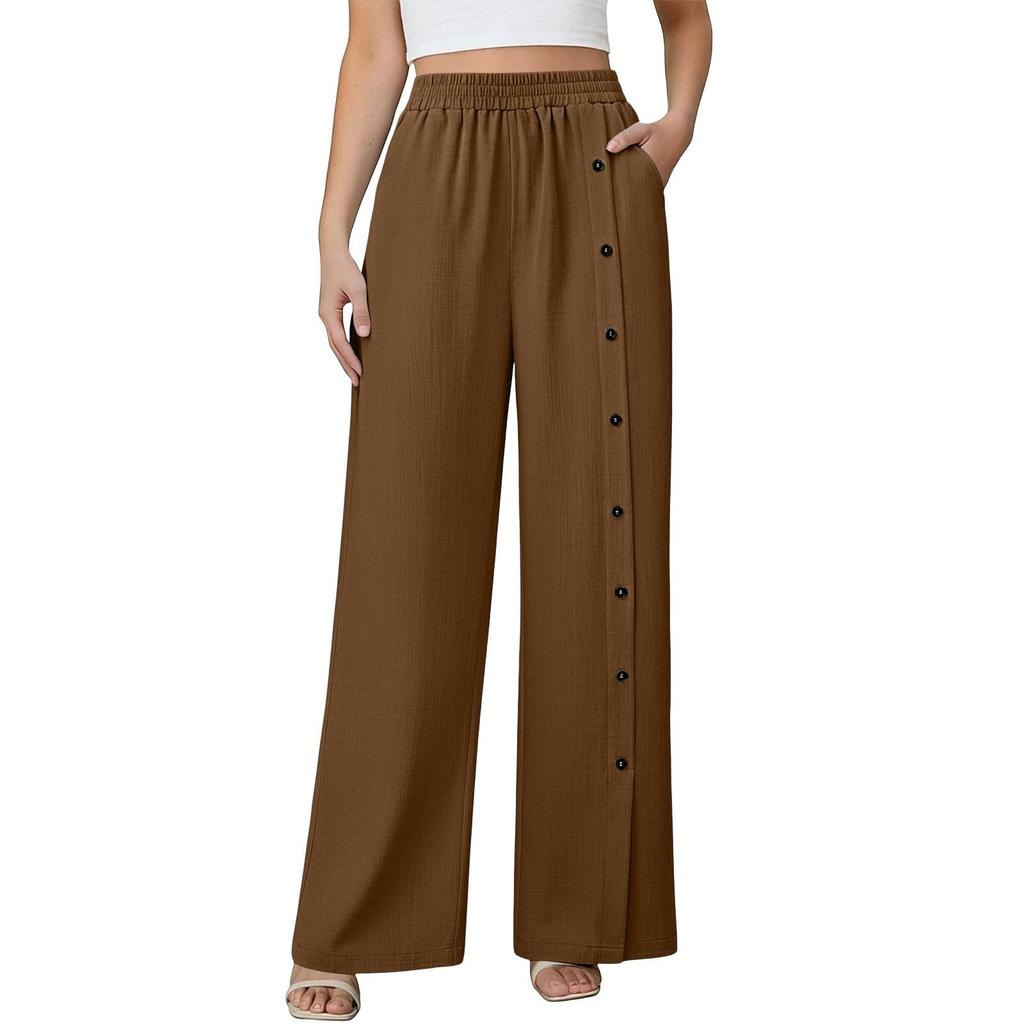 Women's Fashionable Color Button Elastic Waist Straight Tube High Waist Pocket Cotton Linen Casual Pants