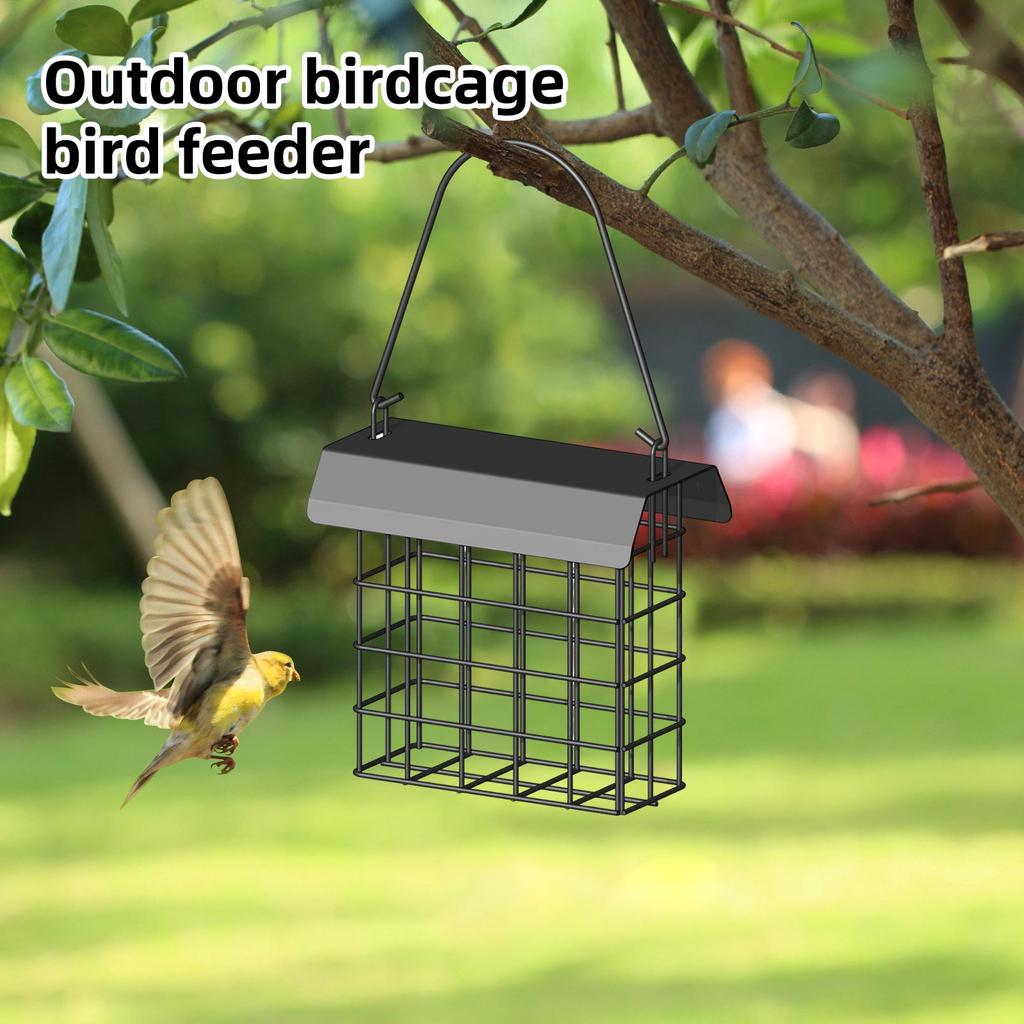 Outdoor Hanging Metal Suet Bird Feeder with Roof and Square Grid Design for Garden Backyard Patio Use