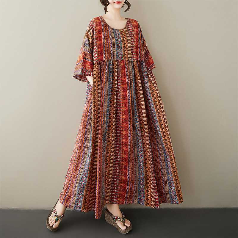 Printed Round Neck Shoulder with Sleeves, Large Swing Striped Dress for Women