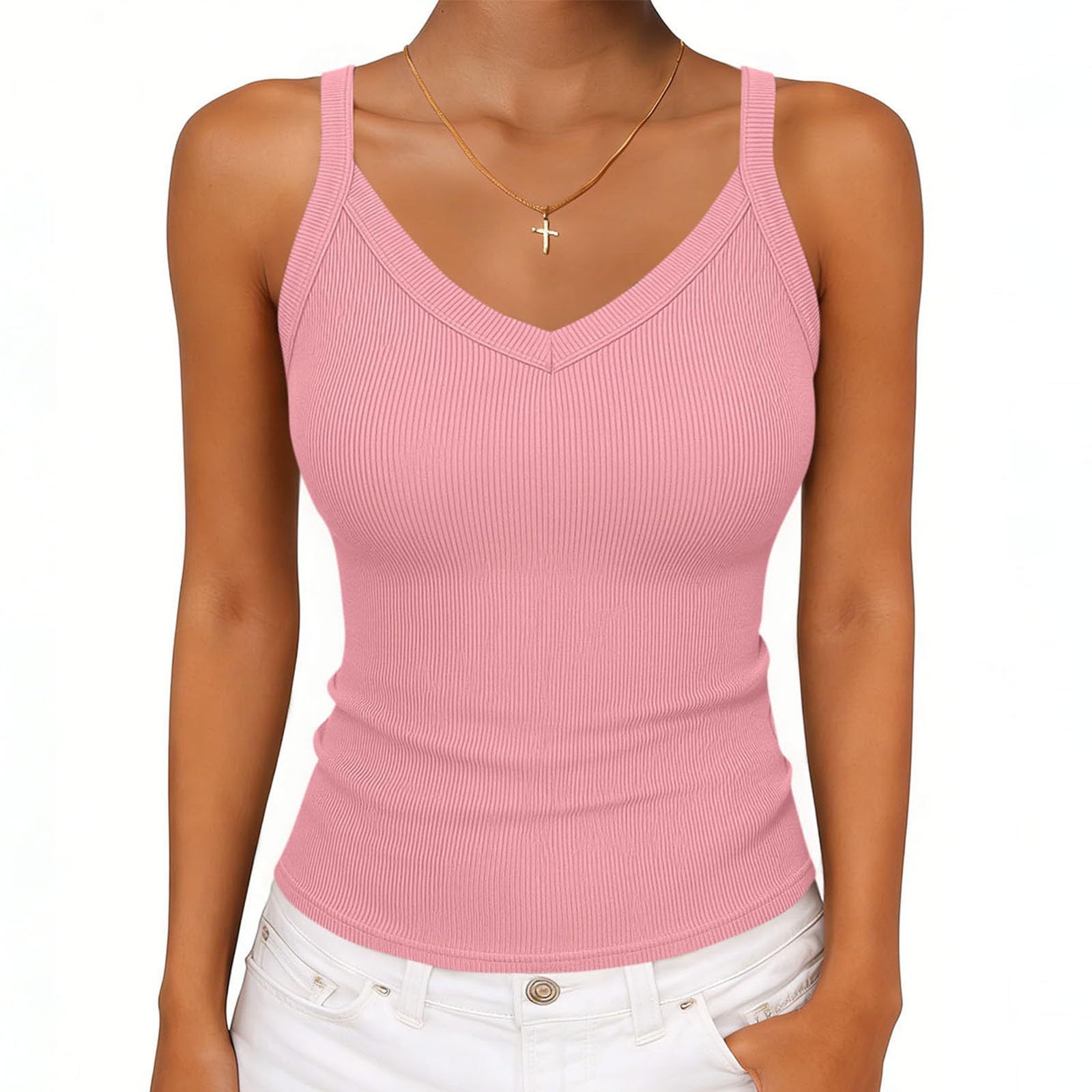 Women s V-neck Ribbed Knit Fitted Sleeveless T-Shirt XXL розовый