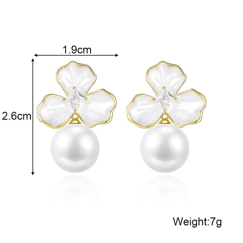 Three Petal Flower Imitation Pearl Enamel Stud Earrings for Women Simple Temperament Fashion Sweet Personality Jewelry Gift