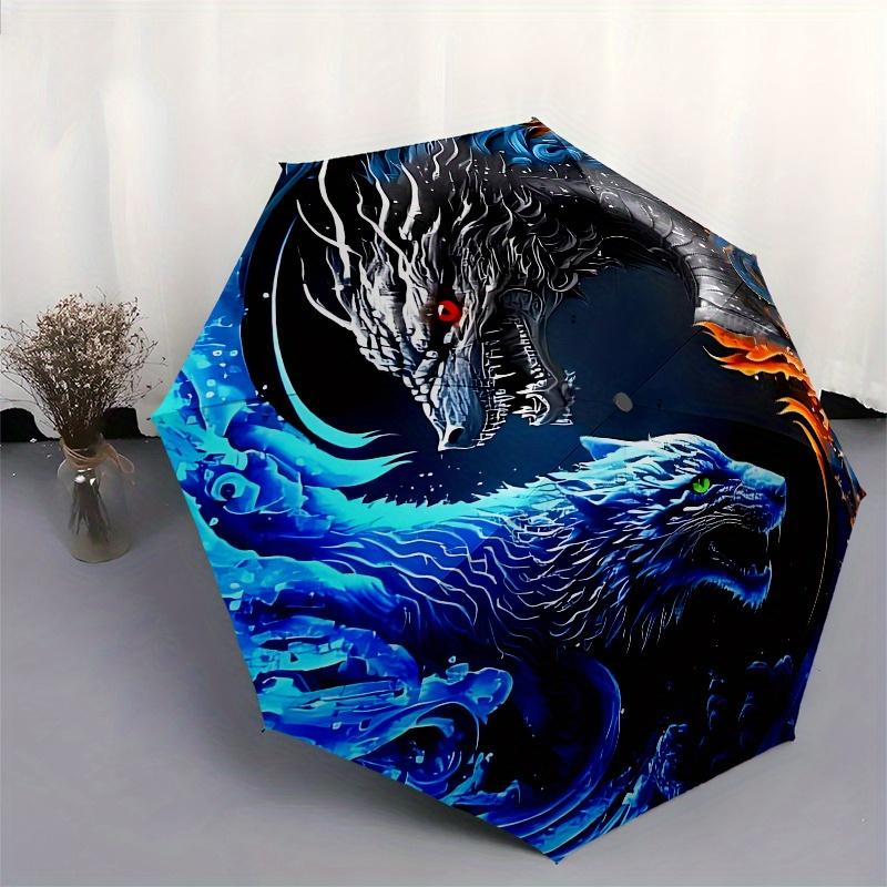 Yin Yang Dragons: Water & Fire Fantasy ArtworkUmbrella, Portable 3-Fold Compact Umbrella for Men & Women Gift