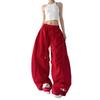 Womens Red Parachute Cargo Pants 2026 Loose Fit Drawstring Elastic Waist Casual Trousers
