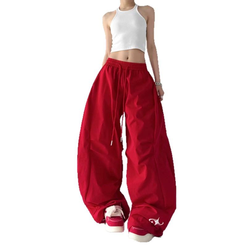 Womens Red Parachute Cargo Pants 2026 Loose Fit Drawstring Elastic Waist Casual Trousers