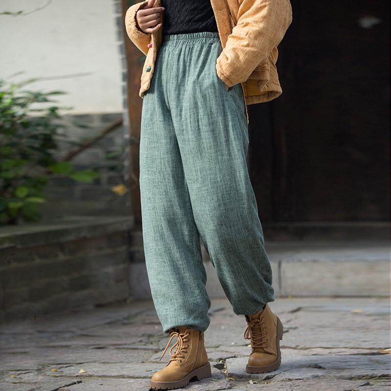 Johnature Women Vintage Linen Bloomers Pants Solid Color Warm Elastic Waist Autumn Winter  Losoe Women Warm Pants